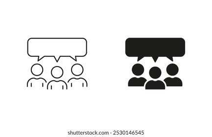 Team Talk, Discussion Pictogram. Speech Bubble And Group Of People Line and Silhouette Icon Set. Conversation At Meeting Sign. Editable Stroke. Isolated Vector Illustration.