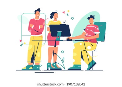Team talk in office vector illustration. Colleagues discussing something on pause flat style. Brainstorm, new project, Job, career and working moment concept. Isolated on white background