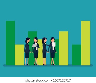 Team talking and a bar graph. The concept of Knowledge and Strategy planning