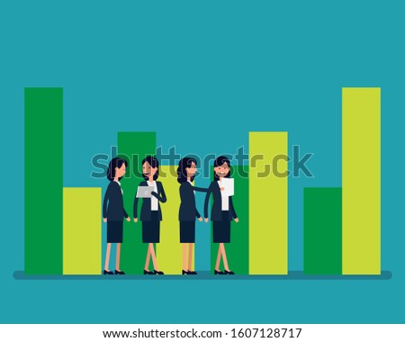 Team talking and a bar graph. The concept of Knowledge and Strategy planning