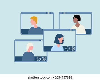 team talking online meeting on screen, home office.
