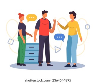 Team talking and sharing ideas with each other. Business center concept. Modern online and live communication. Colorful flat vector illustration in cartoon style - Shutterstock ID 2364544895