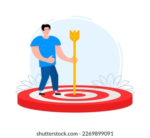 Team target or achievement. A man stands on a target and holds an arrow. Customer attraction