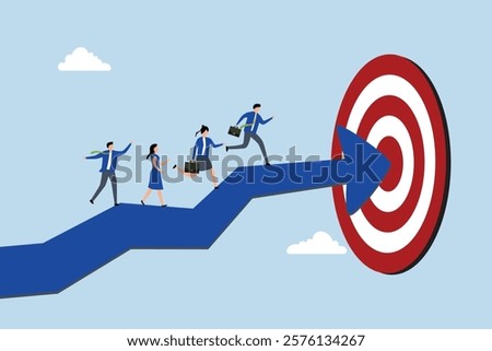 Team target or achievement, Professionals colleagues moving upward arrow to achieve goal. 