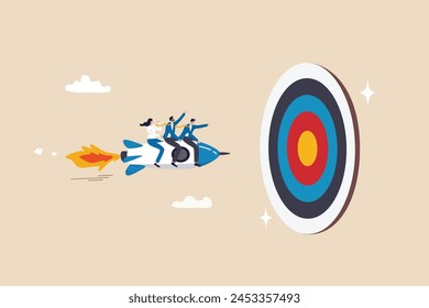 Team target achievement, reaching goal or success, teamwork strategy, challenge or aspiration to win together, leadership to lead team concept, business people riding rocket to reach target bullseye.