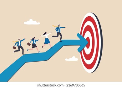 Team Target Or Achievement, Teamwork Or Leadership To Lead To Achieve Goal, Business Direction Or Success, Career Path Or Growth Concept, Business People Coworkers Walking Up Arrow To Reach Target.