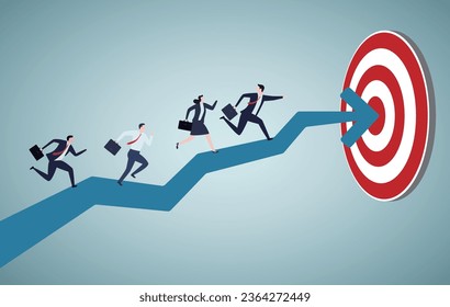 Team target or achievement, teamwork or leadership to lead to achieve goal, business direction or success, career path or growth concept, business people coworkers walking up arrow to reach target.