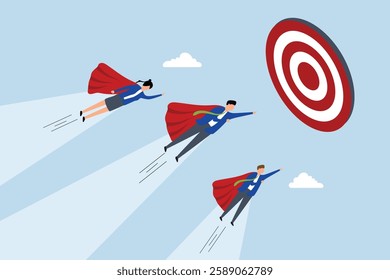 Team target, business people superhero fly to reach target bullseye.