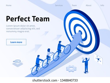 Team Target Hitting Metaphor Isometric Banner. Employee Cycling in Tandem on Arrow under Leader Direction. Concept Management Vector Illustration. Landing Page with Perfect Coworking