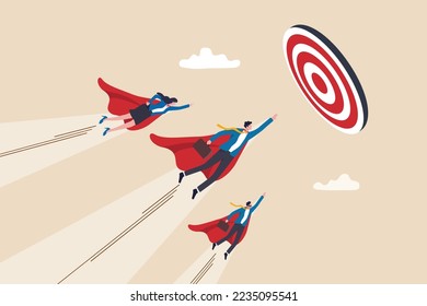 Team target, teamwork or professional aiming and reach business goal, work achievement, cooperation to success, leadership or challenge concept, business people superhero fly to reach target bullseye.