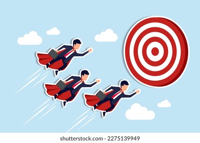 Team target, teamwork or professional aiming and reach business goal, work achievement, cooperation to success, leadership or challenge concept, business people superhero fly to reach target bullseye.