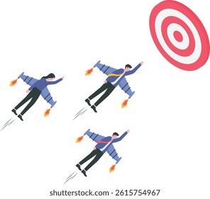 Team target, teamwork or professional aiming and reach business goal, work achievement, cooperation to success, leadership or challenge concept, business people superhero fly to reach target bullseye.