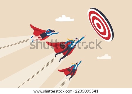 Team target, teamwork or professional aiming and reach business goal, work achievement, cooperation to success, leadership or challenge concept, business people superhero fly to reach target bullseye.