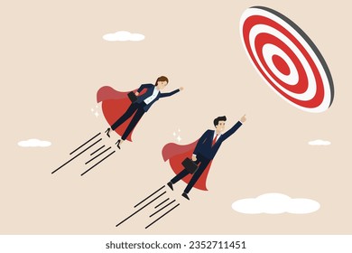 Team target, team work to achieve business goals, cooperation towards success, leadership or challenge concept, businessman superhero flying to achieve target accordingly.
