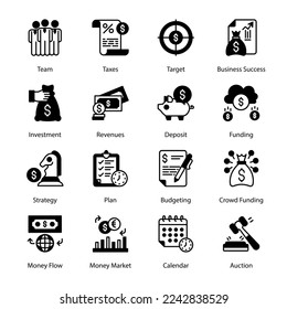 Team, Taxes, Target, Business Success, Strategy, Plan, Budgeting, Crowdfunding, Calendar, Investment, Revenues, Deposit, Funding, Money Flow, Money Market, Glyph Icons - Solid, Vectors