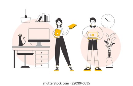 Team of teachers. Online learning concept. Trendy linear style. Vector.