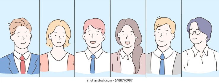 Team, teamwork, business people concept. Collage happy businessmen, business women or office clerks set. Simple flat vector.