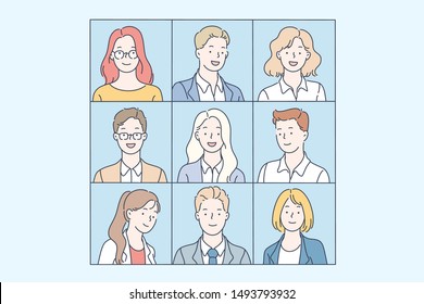 Team, teamwork, cooperation, partnership, concept. Smiling business women and men face collage, group of business people face team collage. Simple flat vector.