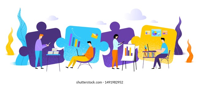 Team, teamwork and partnership.Vector illustration people are working on a business project.The concept of people puzzles, a whole.A person working at a computer in the office engaged in analysis.