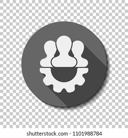 Team, technical support, few person and gear. flat icon, long shadow, circle, transparent grid. Badge or sticker style