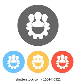 Team, technical support, few person and gear. Set of white icons on colored circles