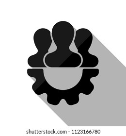 Team, technical support, few person and gear. Black object with long shadow on white background