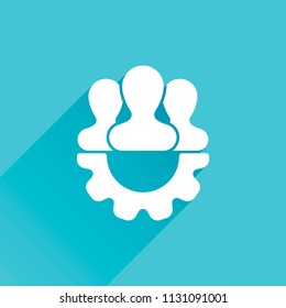 Team, technical support, few person and gear. Gray icon with long shadow in bottom left corner on blue background