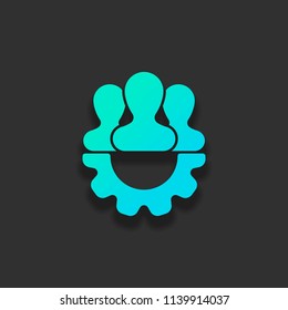 Team, technical support, few person and gear. Colorful logo concept with soft shadow on dark background. Icon color of azure ocean