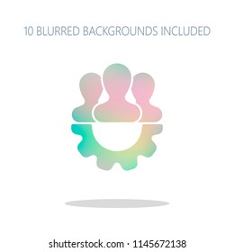 Team, technical support, few person and gear. Colorful logo concept with simple shadow on white. 10 different blurred backgrounds included