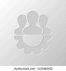 Team, technical support, few person and gear. Paper design. Cutted symbol. Pitted style