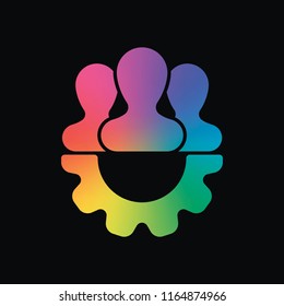 Team, technical support, few person and gear. Rainbow color and dark background