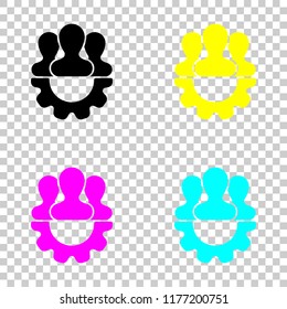 Team, technical support, few person and gear. Colored set of cmyk icons on transparent background
