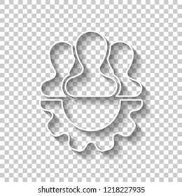 Team, technical support, few person and gear. White outline sign with shadow on transparent background