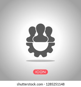 Team, technical support, few person and gear. Icon under spotlight. Gray background