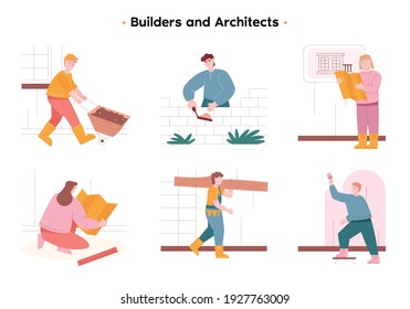 A team of technical workers and engineers. The builder paints the wall with a brush. The builder is laying bricks. A group of engineers, builders, and architects design and builds a new house.