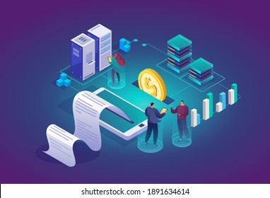 Team of technicians in data center room. Computer data storage and crypto farming workstation. Network mainframe infrastructure background. Data analysis concept website layout. Vector isometric.