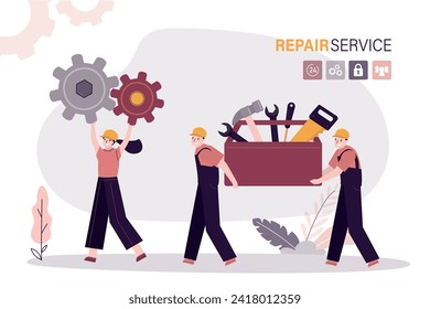 Equipo de técnicos o reparador que lleva una caja de herramientas con varias herramientas. Las trabajadoras transportan piezas de repuesto nuevas. Servicio de mantenimiento, reparación de problemas y mecanismo roto. ilustración vectorial