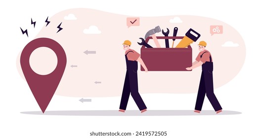 Team of technicians or repair man carrying toolbox with various tools to giant location pointer. Maintenance service, group of repairman going fix problems and broken mechanism. vector illustration