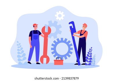 Team of technicians standing with equipment and gears. Tiny male workers holding spanner and wrench flat vector illustration. Maintenance service concept for banner, website design or landing web page