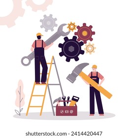 Team of technicians standing with tools and gears. Worker men holding hammer and wrench. Maintenance service concept for banner, website. Repairman fixing gears. Broken mechanism. vector illustration