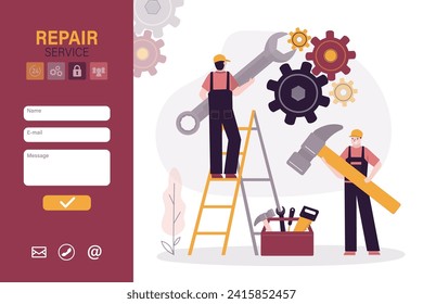 Team of technicians standing with tools and gears. Landing page or contact us form. Worker men holding hammer and wrench. Maintenance service, repairman fixing gears. Broken mechanism. flat vector