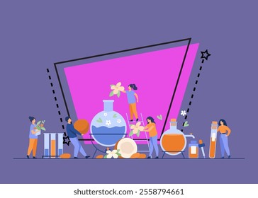 Team of technologists making skin care products, mixing herbs, blossoms and essential oils in distiller. Vector illustration for cosmetic production process concept