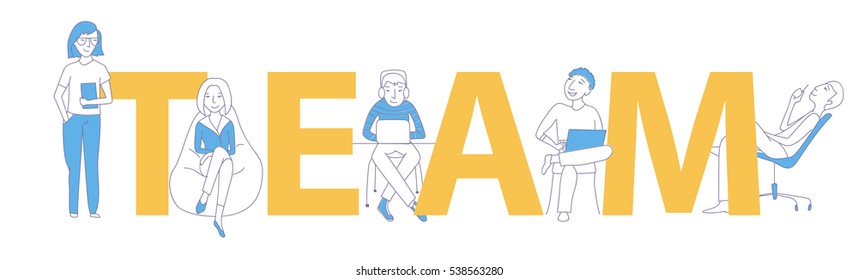 Team text concept, workplace, business people working together vector illustration, flat thin line style