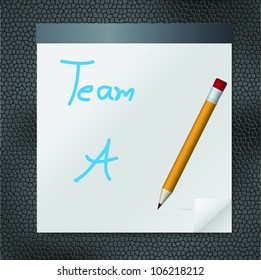 Team A text on curl paper sheet and yellow pencil on black leather pad,vector