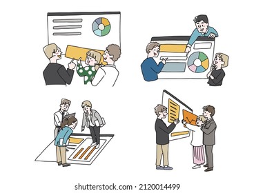 Un equipo que coopera en el diseño de sitios web, una persona manuscrita cómica, un vector y un simple coloreado de dibujos de línea.