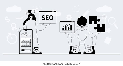A team that specializes in SEO . trendy exemplar in a analogue manner. Trendy style, Vector Illustration