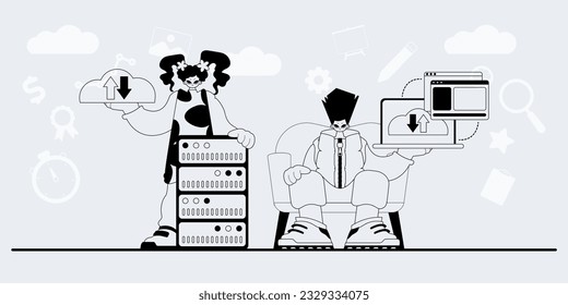 A team that specializes in SEO . trendy exemplar in a analogue manner. Trendy style, Vector Illustration