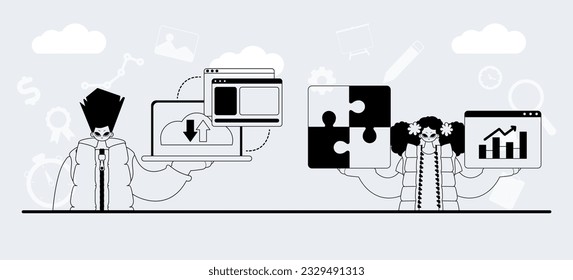 A team that specializes in SEO . trendy exemplar in a linear style. Trendy style, Vector Illustration