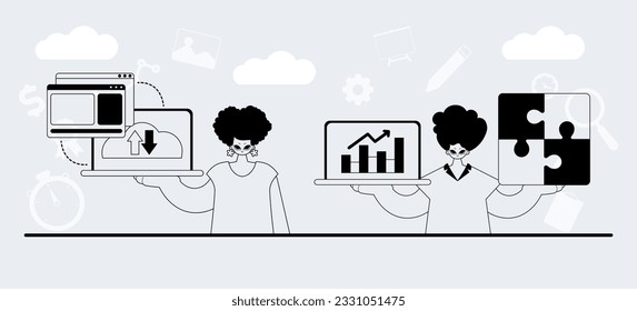 Un equipo especializado en SEO. ejemplo de moda de manera análoga. Estilo de moda, Ilustración vectorial
