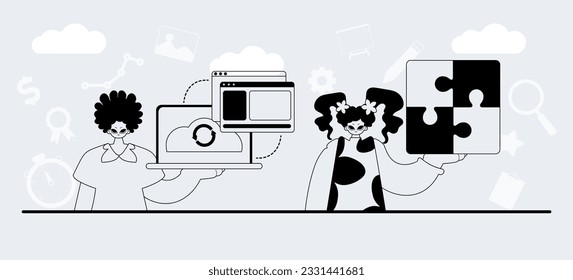 A team that specializes in SEO . trendy exemplar in a analogue manner. Trendy style, Vector Illustration
